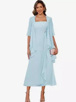 Bridal Mother Dress Square Neck Half Sleeves Two-piece Pleated Guest Dresses For Wedding