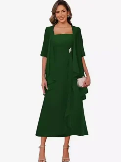 Bridal Mother Dress Square Neck Half Sleeves Two-piece Pleated Guest Dresses For Wedding