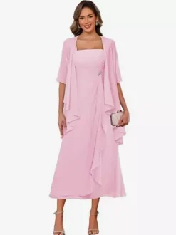 Bridal Mother Dress Square Neck Half Sleeves Two-piece Pleated Guest Dresses For Wedding