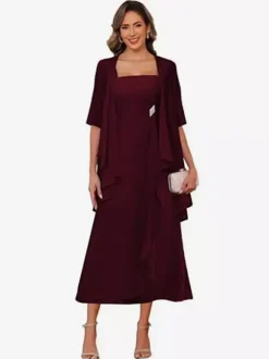 Bridal Mother Dress Square Neck Half Sleeves Two-piece Pleated Guest Dresses For Wedding
