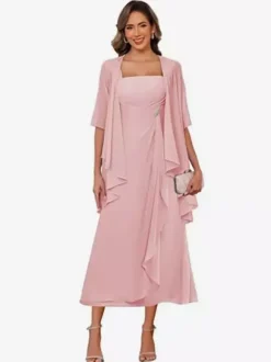 Bridal Mother Dress Square Neck Half Sleeves Two-piece Pleated Guest Dresses For Wedding