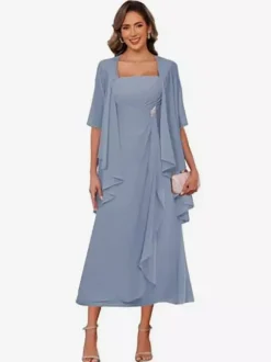 Bridal Mother Dress Square Neck Half Sleeves Two-piece Pleated Guest Dresses For Wedding