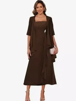 Bridal Mother Dress Square Neck Half Sleeves Two-piece Pleated Guest Dresses For Wedding