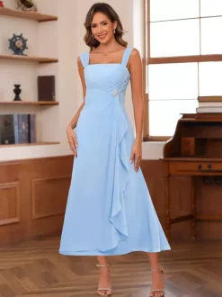 Bridal Mother Dress Square Neck Half Sleeves Two-piece Pleated Guest Dresses For Wedding