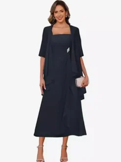 Bridal Mother Dress Square Neck Half Sleeves Two-piece Pleated Guest Dresses For Wedding
