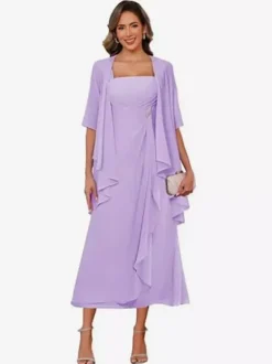 Bridal Mother Dress Square Neck Half Sleeves Two-piece Pleated Guest Dresses For Wedding