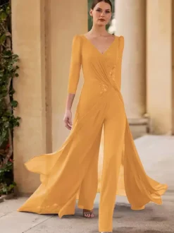 Bridal Mother Dress V-Neck 3/4 Length Sleeves Jumpsuit Pleated Floor-Length Guest Dresses For Wedding