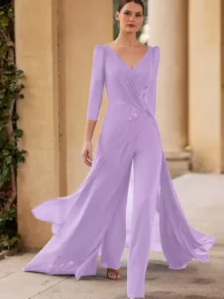 Bridal Mother Dress V-Neck 3/4 Length Sleeves Jumpsuit Pleated Floor-Length Guest Dresses For Wedding