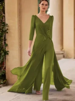 Bridal Mother Dress V-Neck 3/4 Length Sleeves Jumpsuit Pleated Floor-Length Guest Dresses For Wedding