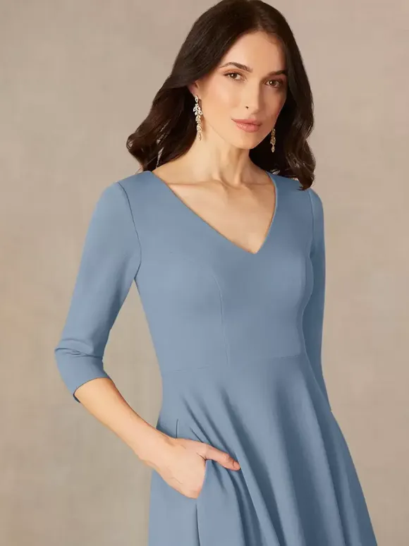 Bridal Mother Dress V-Neck 3/4 Length Sleeves A-Line Guest Dresses For Wedding