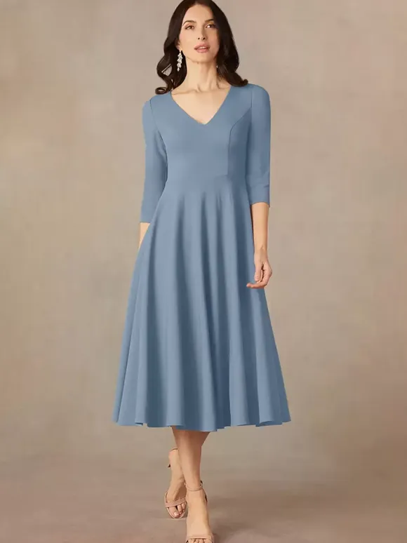 Bridal Mother Dress V-Neck 3/4 Length Sleeves A-Line Guest Dresses For Wedding