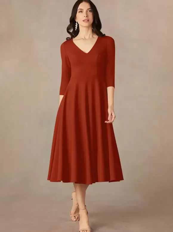 Bridal Mother Dress V-Neck 3/4 Length Sleeves A-Line Guest Dresses For Wedding