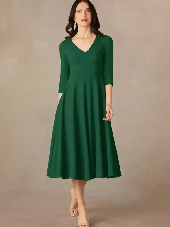 Bridal Mother Dress V-Neck 3/4 Length Sleeves A-Line Guest Dresses For Wedding