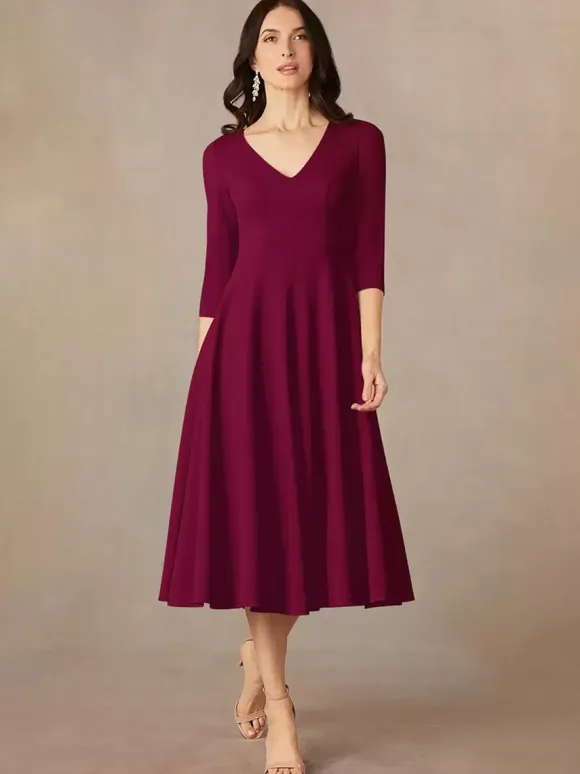 Bridal Mother Dress V-Neck 3/4 Length Sleeves A-Line Guest Dresses For Wedding