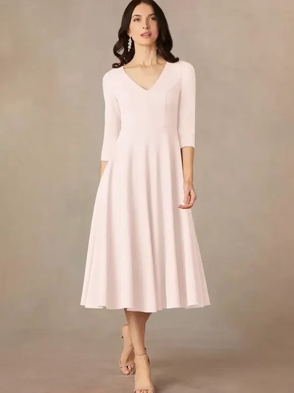 Bridal Mother Dress V-Neck 3/4 Length Sleeves A-Line Guest Dresses For Wedding