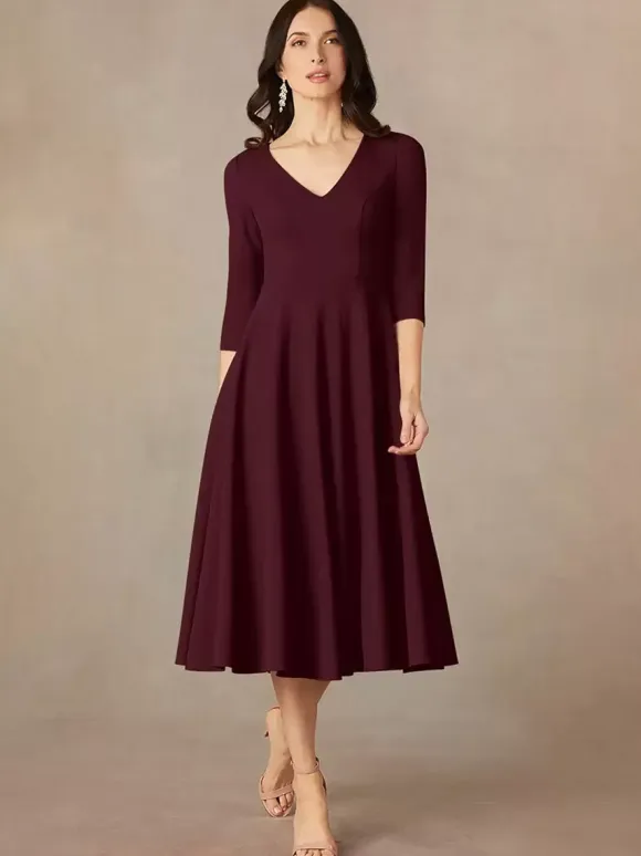 Bridal Mother Dress V-Neck 3/4 Length Sleeves A-Line Guest Dresses For Wedding