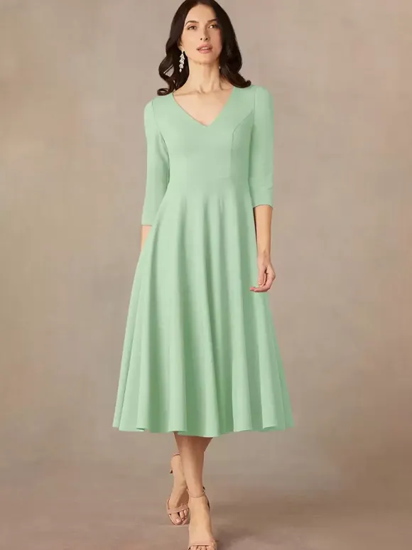 Bridal Mother Dress V-Neck 3/4 Length Sleeves A-Line Guest Dresses For Wedding