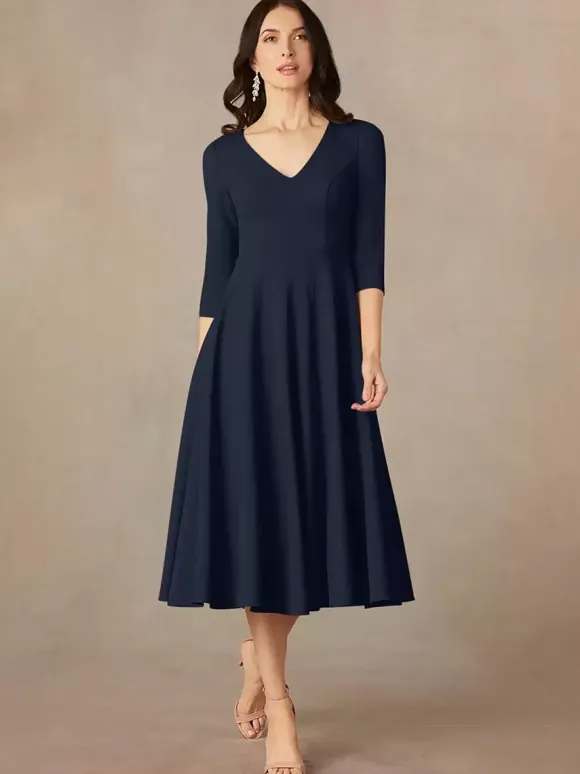 Bridal Mother Dress V-Neck 3/4 Length Sleeves A-Line Guest Dresses For Wedding