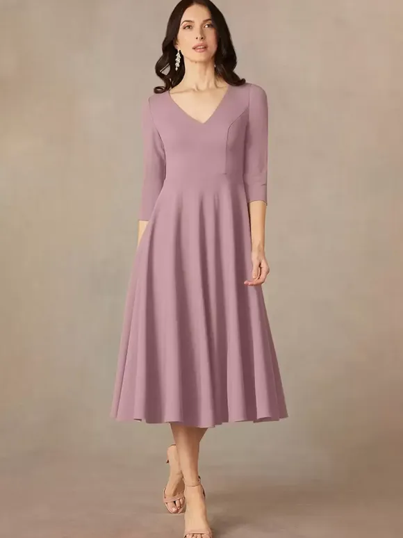 Bridal Mother Dress V-Neck 3/4 Length Sleeves A-Line Guest Dresses For Wedding