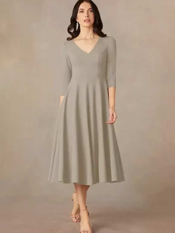 Bridal Mother Dress V-Neck 3/4 Length Sleeves A-Line Guest Dresses For Wedding