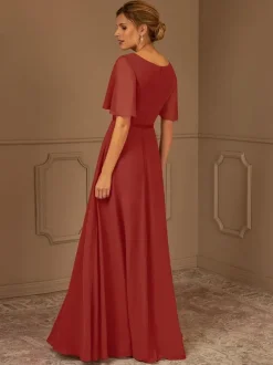 Bridal Mother Dress V-Neck Short Sleeves A-Line Sash Floor-Length Guest Dresses For Wedding