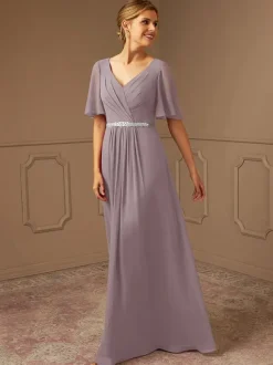 Bridal Mother Dress V-Neck Short Sleeves A-Line Sash Floor-Length Guest Dresses For Wedding