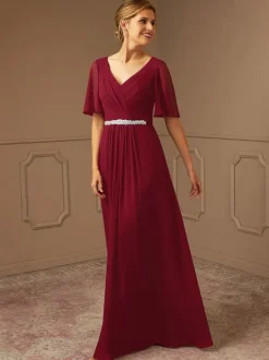 Bridal Mother Dress V-Neck Short Sleeves A-Line Sash Floor-Length Guest Dresses For Wedding