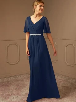 Bridal Mother Dress V-Neck Short Sleeves A-Line Sash Floor-Length Guest Dresses For Wedding