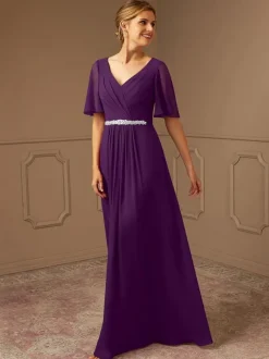 Bridal Mother Dress V-Neck Short Sleeves A-Line Sash Floor-Length Guest Dresses For Wedding