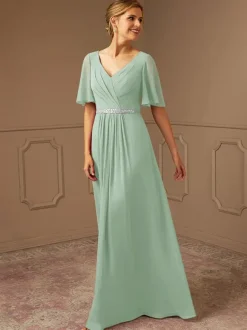 Bridal Mother Dress V-Neck Short Sleeves A-Line Sash Floor-Length Guest Dresses For Wedding