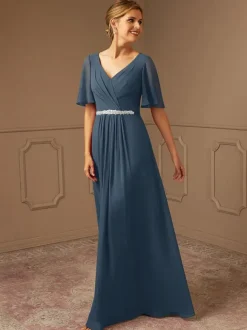 Bridal Mother Dress V-Neck Short Sleeves A-Line Sash Floor-Length Guest Dresses For Wedding