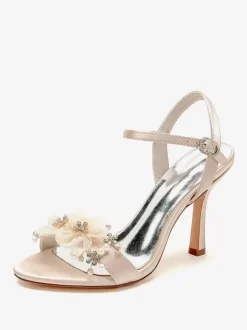 Bridal Sandals White Satin Fashion Open Toe Metal Details Wedding Sandals