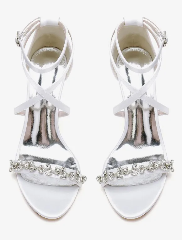 Bridal Sandals White Satin Sexy Open Toe Rhinestones Wedding Sandals