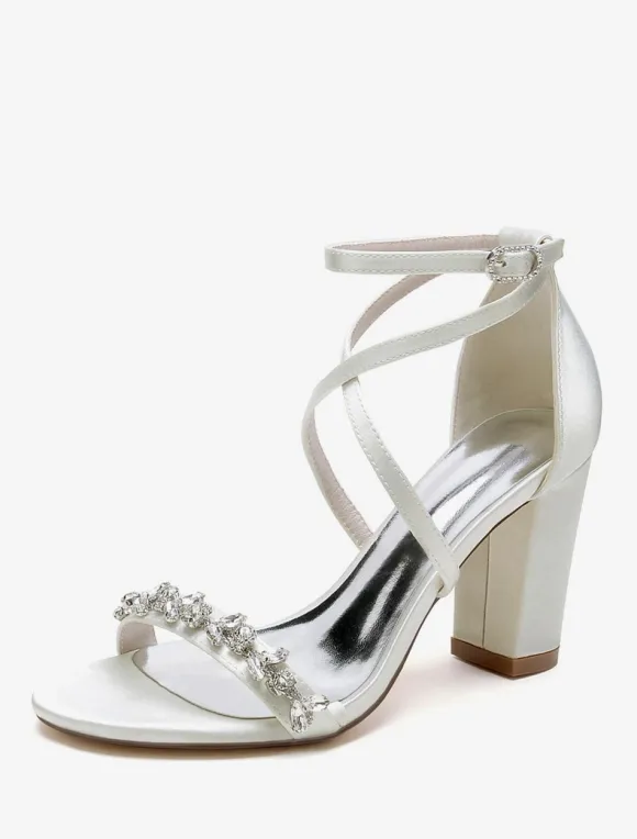 Bridal Sandals White Satin Sexy Open Toe Rhinestones Wedding Sandals