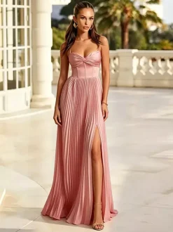 Bridesmaid Dresses Emerald Green Pleated Satin A-Line Spaghetti Strap Sweetheart Corset Lace Up Back High Slit Formal Maxi Gown