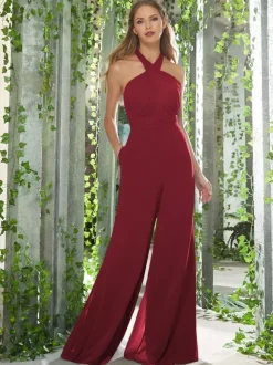Bridesmaid Dresses Jumpsuit Halter Backless Floor-Length Chiffon Prom Dress
