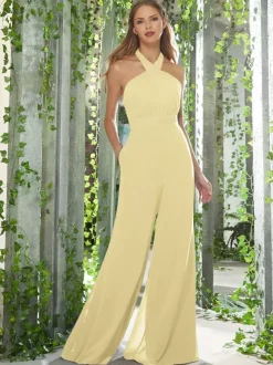 Bridesmaid Dresses Jumpsuit Halter Backless Floor-Length Chiffon Prom Dress