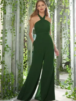 Bridesmaid Dresses Jumpsuit Halter Backless Floor-Length Chiffon Prom Dress