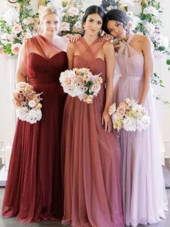 Bridesmaid Dress A-Line Floor-Length Backless Tulle Prom Dress Free Customization