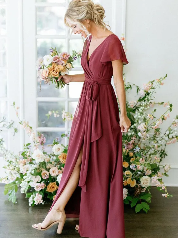 Bridesmaid Dress A-Line Short Sleeve V-Neck Floor-Length Zipper Chiffon Burgundy Wedding Party Dress Free Customization