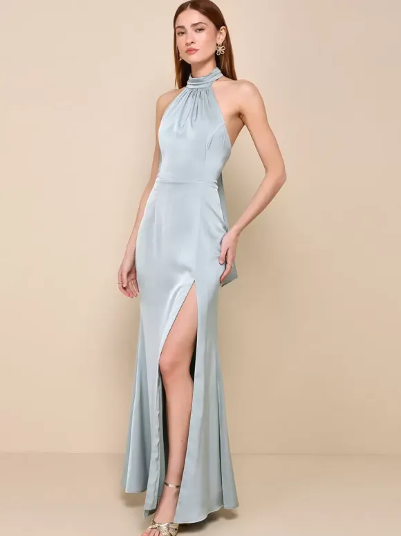 Bridesmaid Dresses Halter High Slit Backless Mermaid Prom Maxi Dress
