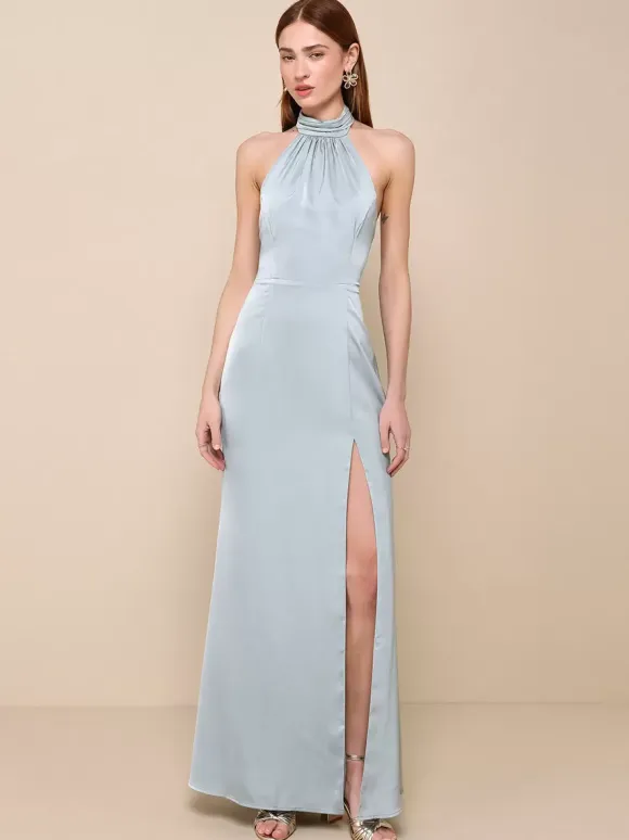 Bridesmaid Dresses Halter High Slit Backless Mermaid Prom Maxi Dress