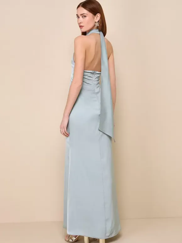 Bridesmaid Dresses Halter High Slit Backless Mermaid Prom Maxi Dress