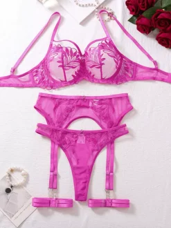 Bright Pink Floral Lace Suspender Lingerie 3-Piece Set