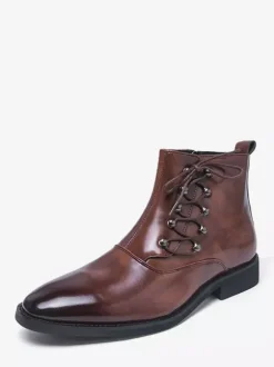 Brown Ankle Boots Men's Round Toe Lace Up Booties