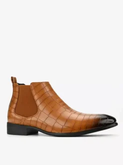 Brown Ankle Boots Men's Round Toe Stone Pattern Chelsea Boots