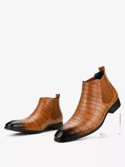Brown Ankle Boots Men's Round Toe Stone Pattern Chelsea Boots