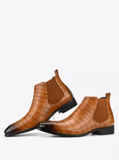 Brown Ankle Boots Men's Round Toe Stone Pattern Chelsea Boots