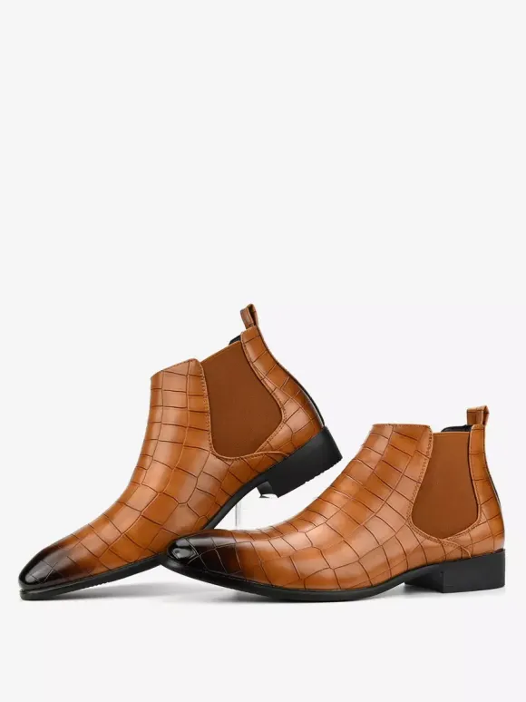 Brown Ankle Boots Men's Round Toe Stone Pattern Chelsea Boots