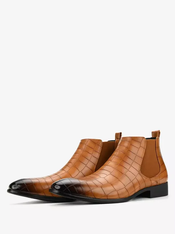 Brown Ankle Boots Men's Round Toe Stone Pattern Chelsea Boots